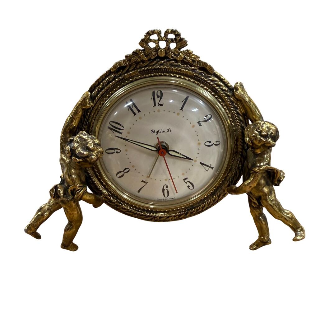 Vintage Stylebuilt Electric Desk Clock Gold Tone Leaf Frame Made In USA Cherubs